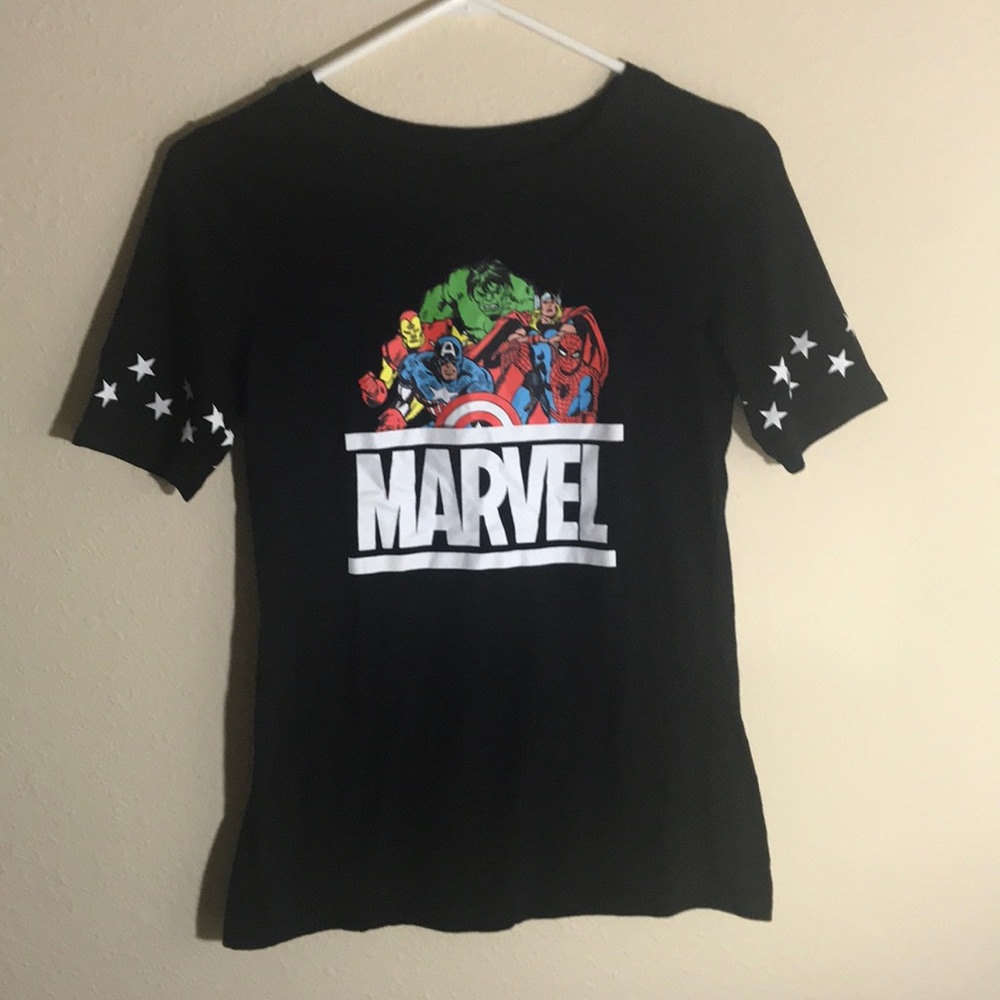Black Fitted Marvel Shirt with Star Sleeve Design